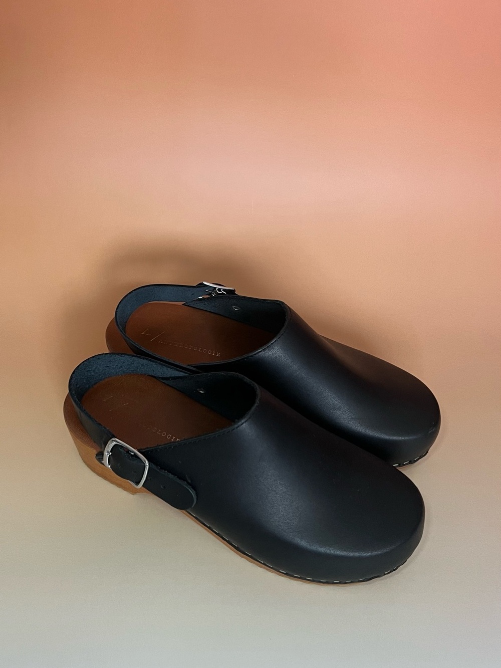 Anthropologie Black Leather Slingback Clog Mules